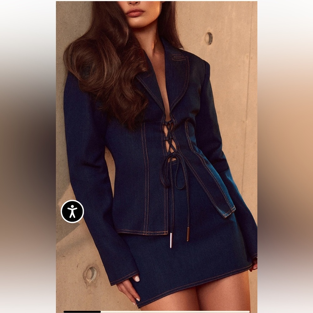 Dark Blue Lace-Up Denim Jacket and mini skirt- Women's